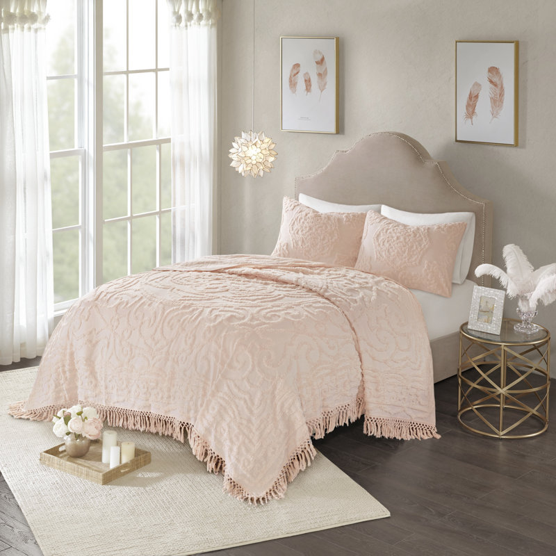 Ensemble de couvre-lit double / grand lit en chenille touffetée 100% coton Laetitia Blush, Rougir
