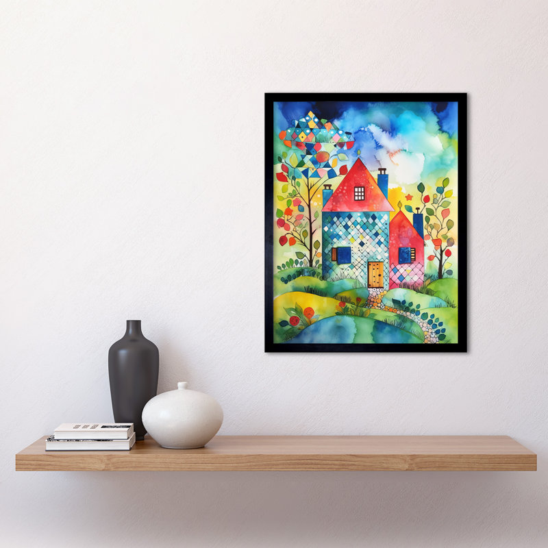 Farmhouse In The Flowers Folk Art Art Print Framed Poster Wall Decor 12x16 inch