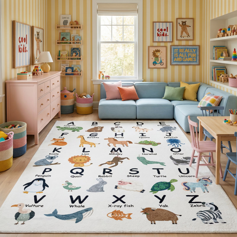Tapis blanc / beige pour enfants de 8 pi x 11 pi (7 pi 7 po x 10 pi 10 po) Atlas Branch, Rectangle 7 pi 7 po x 10 pi 10 po