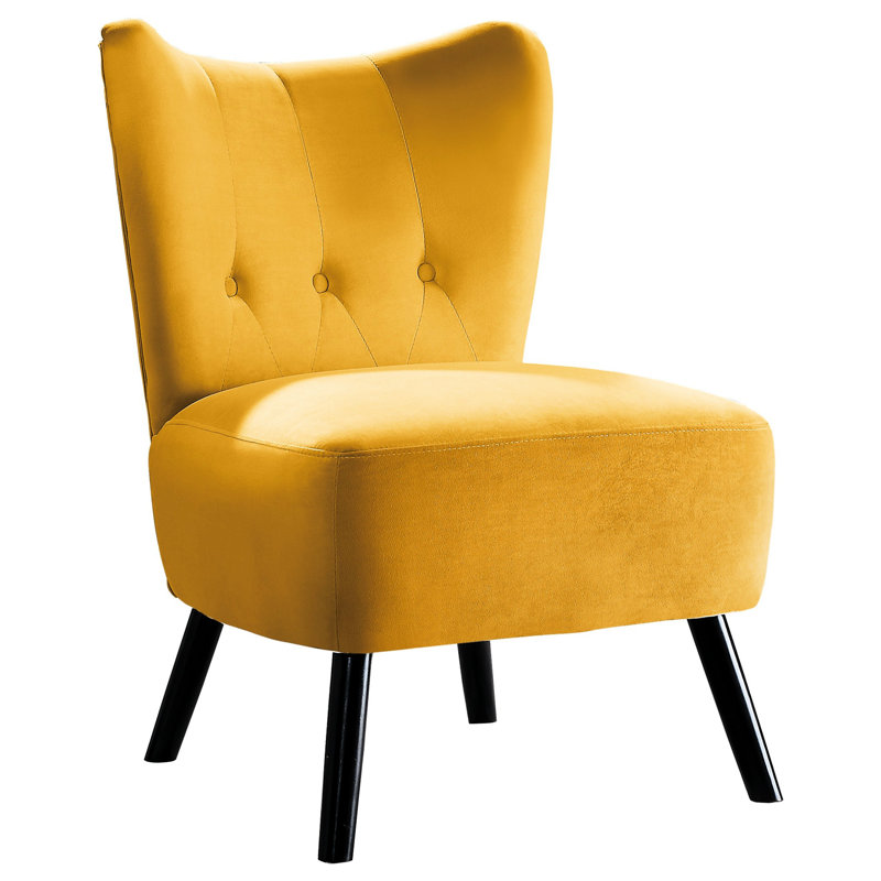 Chaise en velours jaune avec capitonnage à boutons et base en bois massif brun avec assise d'appoint, Jaune