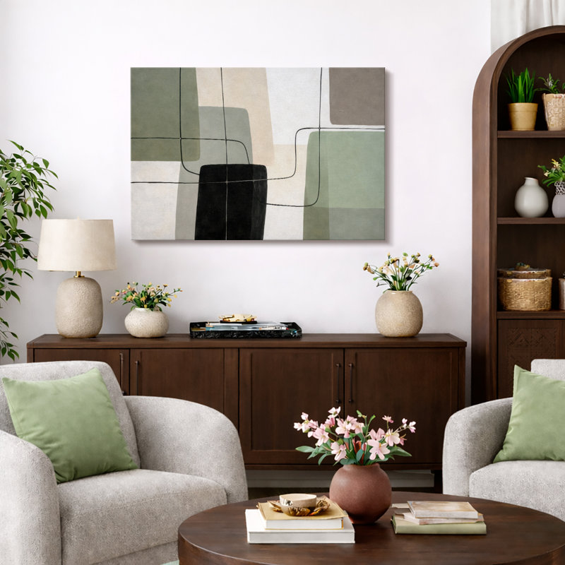 Abstrait vert beige, dessin au trait géométrique, photos de salon moderne, impression sur toile encadrée, Toile tendue