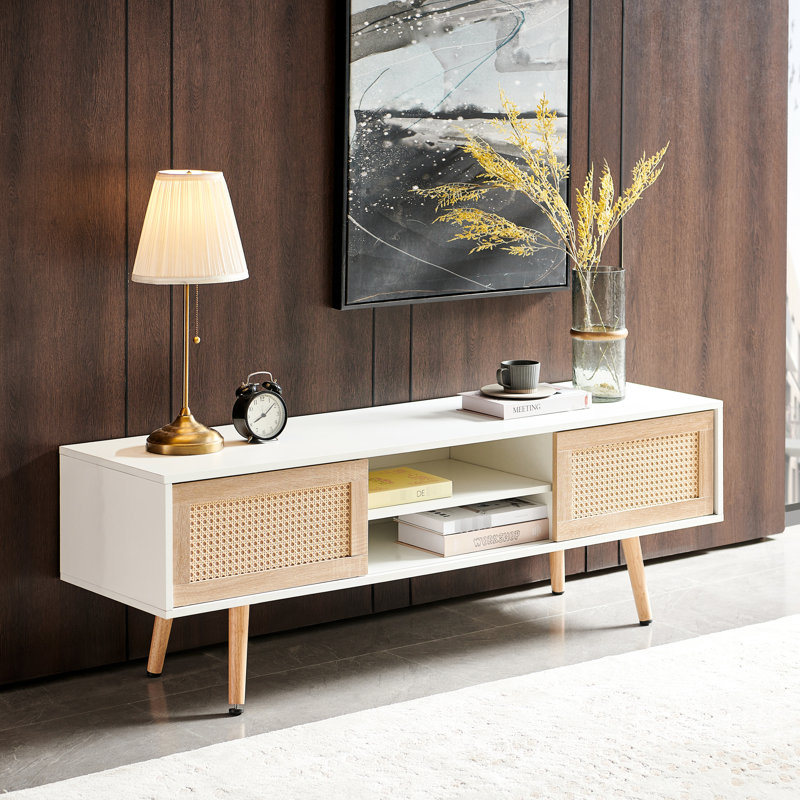 Meuble télé 53,59 po avec pieds en bois massif, blanc, portes coulissantes doubles, tablette ajustable pour cabinet blanc, 53,59 po, tablette, espace de rangement pour les pieds