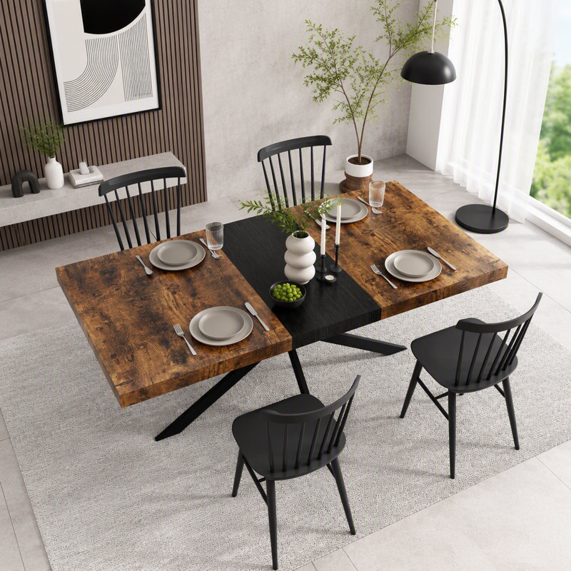 Table de salle à manger rectangulaire rétro extensible, plateau avec plaque centrale noire en relief, Noir et brun