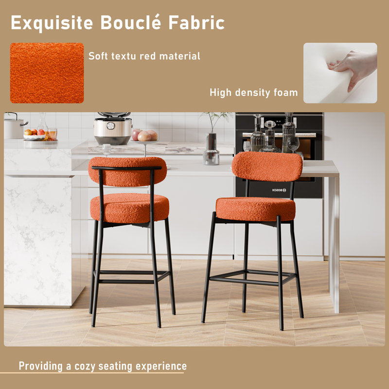 Sherpa Counter Height Bar Stools Set of 4 Modern Upholstered Barstools with Curved Open Back/Round Seat Boucle Comfortable Bar Chairs for Kitchen Island, 24.6 Inch