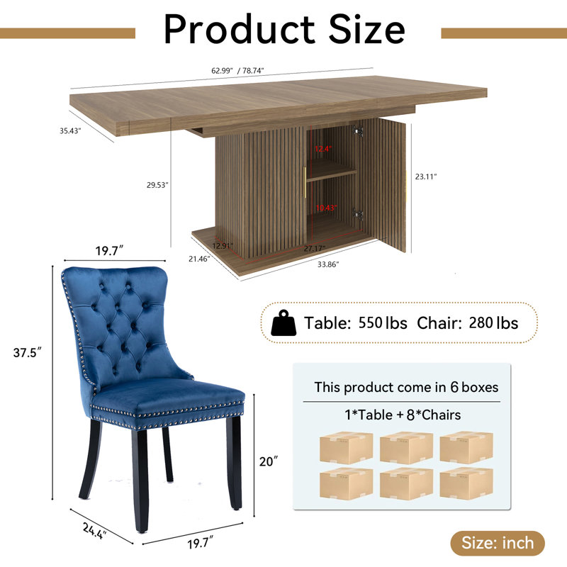 62.99" -78.74" Extendable Dining Table Set, Brown Dining Room Table with Storage & Velvet Dining Chairs with Wood Leg, Rustic Kitchen Dining Table and Chairs Set, Modern Dining Table Set