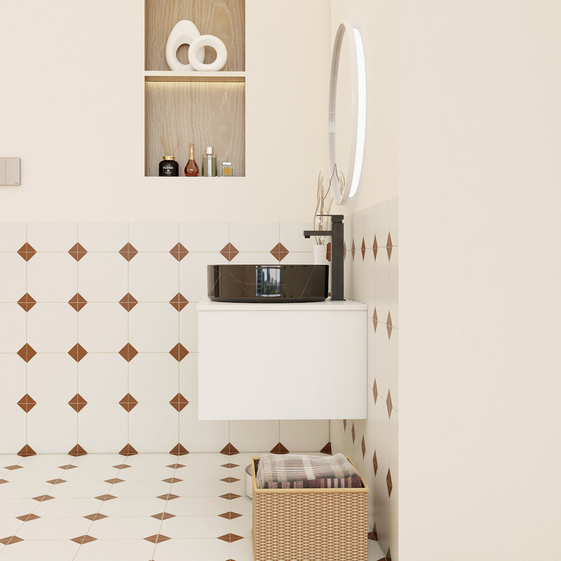 Meuble-lavabo flottant avec lavabo vasque en veine de marbre, meuble-lavabo mural avec tablette ouverte, finition blanche avec accents de bois