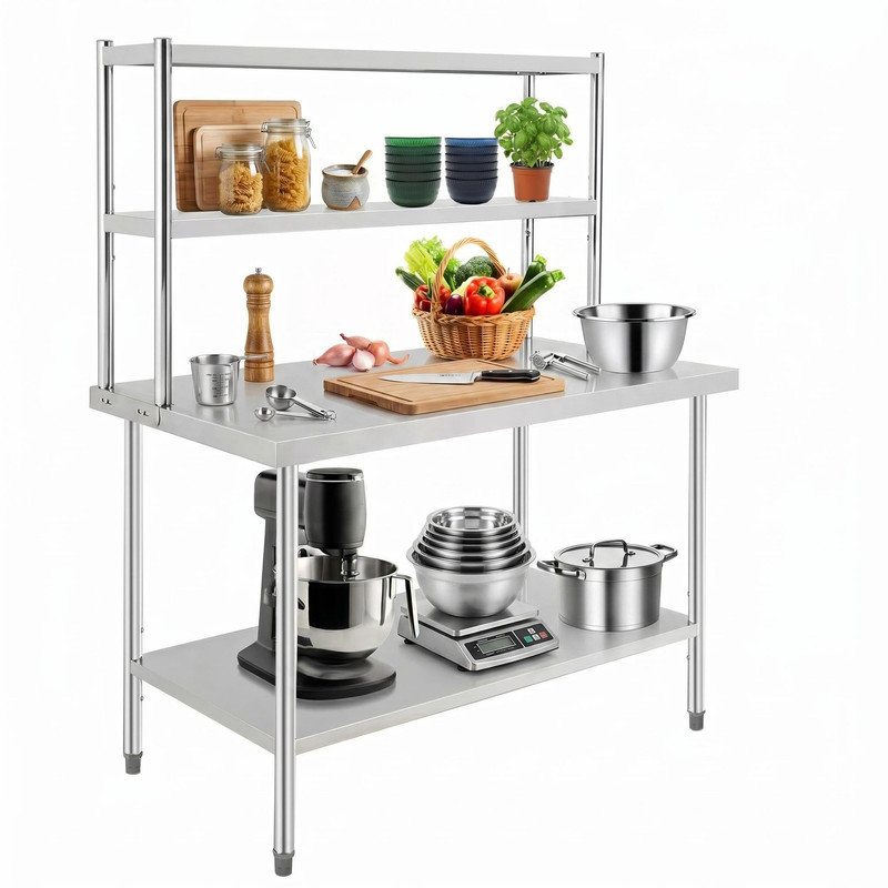Table de travail en acier inoxydable de 48 po x 30 po x 67 po - Comptoir sans couture et tablettes fixes pour la cuisine, le restaurant ou le garage
