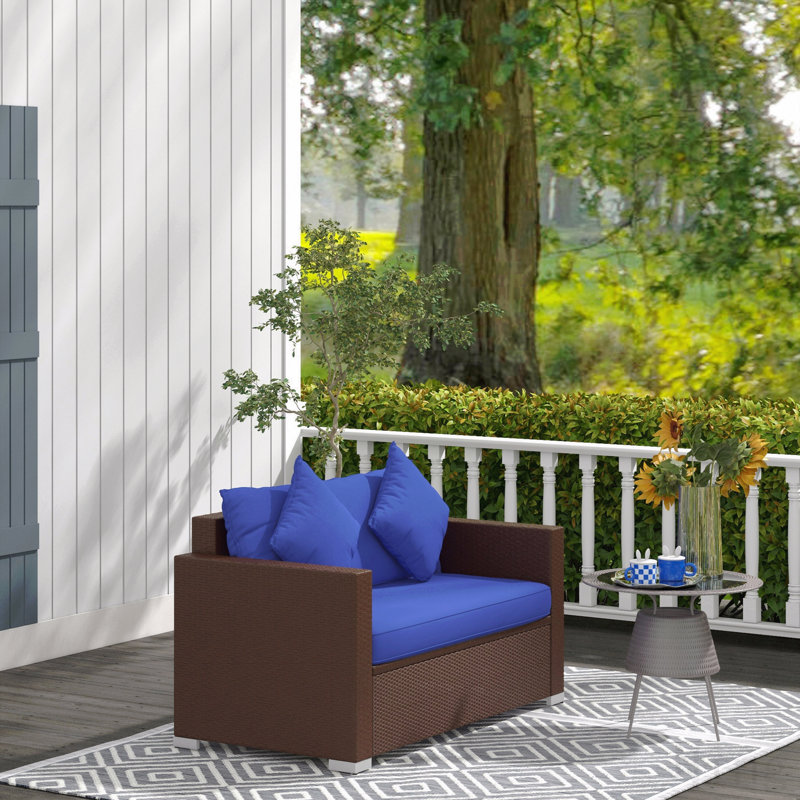 Patio Wicker Loveseat With Cushions, 2-Seat Outdoor Pe Rattan Couch Sofa With Throw Pillows, For Porch, Backyard, Garden, Poolside, Blue