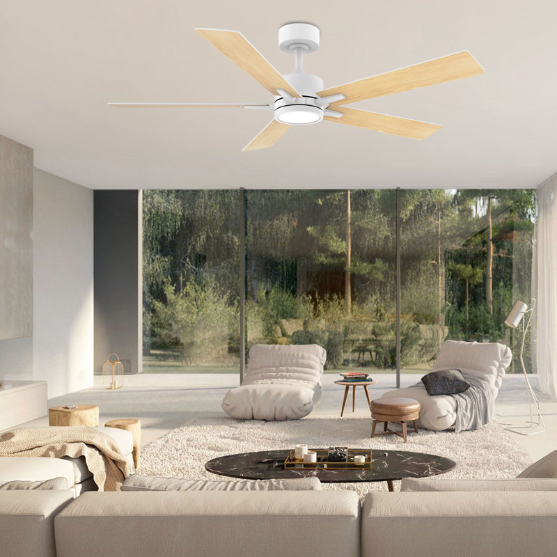 Ventilateur de plafond en bois moderne à 5 pales de 52 po avec ensemble d'éclairage et télécommande, moteur CC silencieux à 6 vitesses, intérieur / extérieur