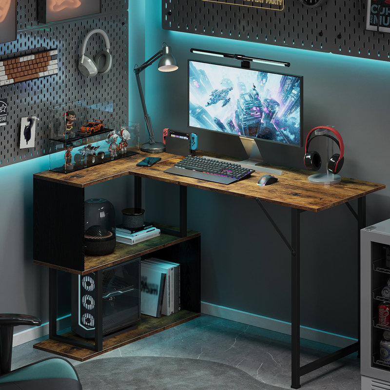 Bureau d'ordinateur en L avec tablettes ouvertes et armoire de rangement - Poste de travail moderne pour adultes