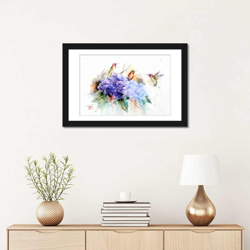 «Three Hummingbirds», peinture sur toile, H 16 po x l 24 po x P 1 po, Papier d'art encadré noir, Blanc