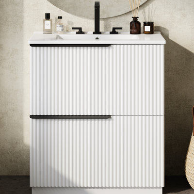 Meuble-lavabo blanc de 30 po avec glissières à fermeture en douceur, trous de robinet de 8 po et finition brillante dans la palette de couleurs, configuration à deux tiroirs, conception de trou de déversement