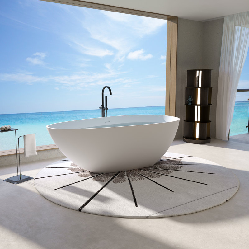 59" x 31" Freestanding Soaking Solid Surface Bathtub Stone Resin Bath Tub with Overflow and Pop-up Drain, Matte White