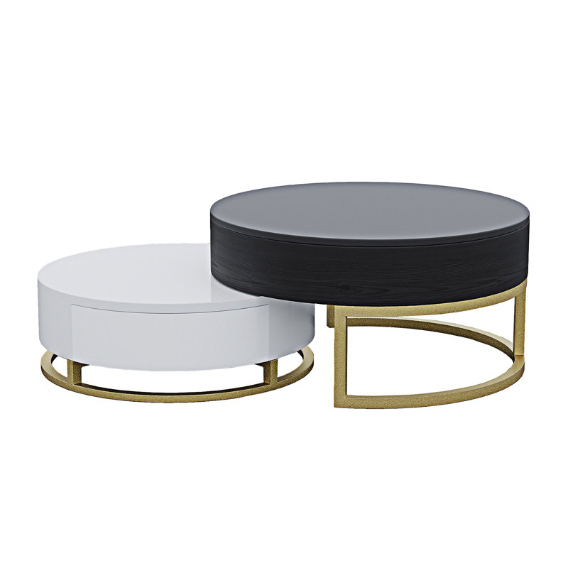 Table basse ronde à plateau relevable en bois, Noir / blanc