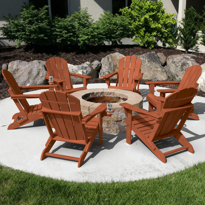 Set Of 6 Folding Adirondack Chairs, Firepit Chairs, Cup Holder, All-Weather HDPE, Orange