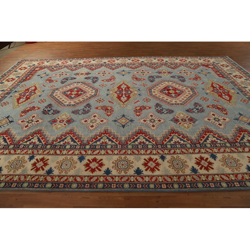 Light Blue Geometric Kazak Oriental Area Rug
