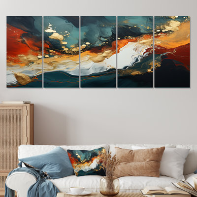 «Blue and Golden Marble Storm III», ensemble de 5 peintures murales abstraites