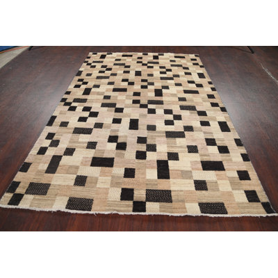 Tapis unique en laine noué à la main beige et noir nouvel âge 5 pi 7 po x 8 pi 6 po