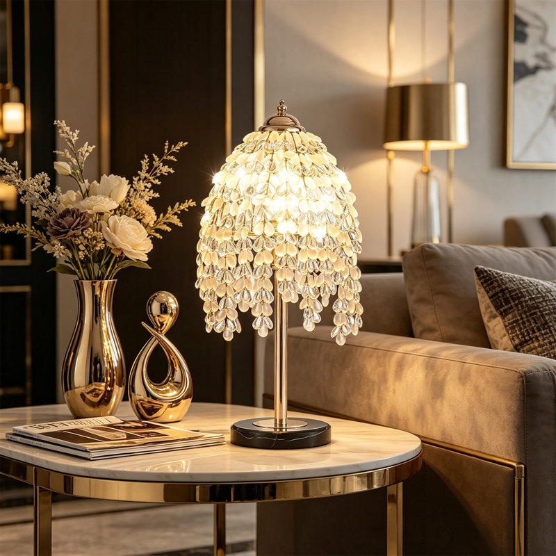 Lampe de table - Élégant matériau décoratif en cristal de 19 po (H) - Cascade rétro avec motif de cristal en raisin et abat-jour en perles et base texturée en marbre