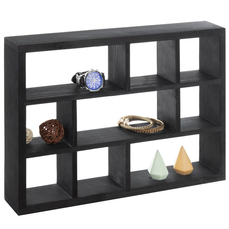 9 Piece Pine Solid Wood Floating Shelf, Black