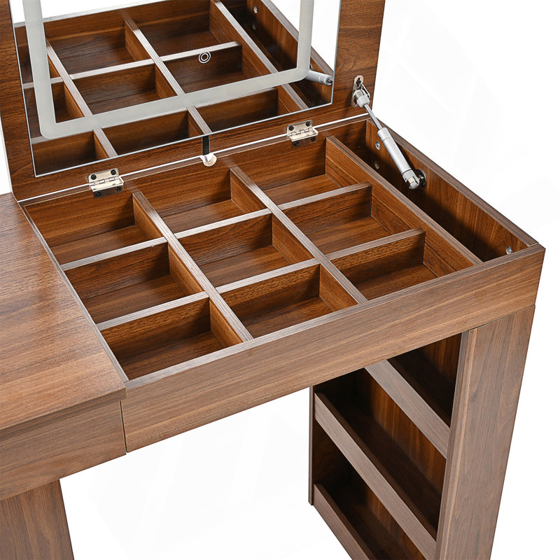 Vanity Desk With Mirror, Lights, And Abundant Storage, Convertible Design For Versatile Use In Modern Bedrooms, Walnut