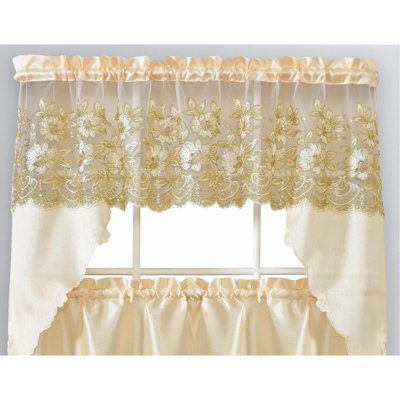 Luxury Semi-Sheer 3-Piece Linen Curtain Set With Delicate Sequin Embroidery – Elegant Valance & Tiers For Kitchen, Living Room, Or Bathroom – Romantic & Stylish Window Dressing Loved By Families，Beige