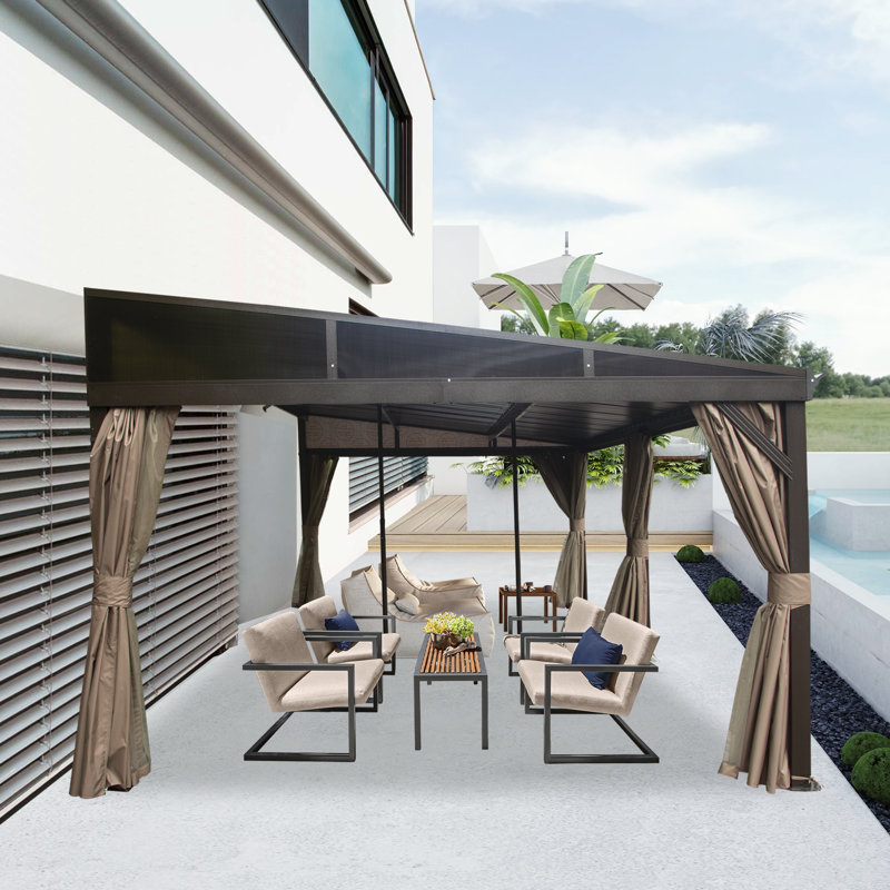 Lean To Gazebo, Hardtop Wall Mounted Gazebo With Sloping Galvanized Steel Roof, Aluminum Frame, Drainage System, Curtains And Netting, For Patio, Deck, Garden, Backyard