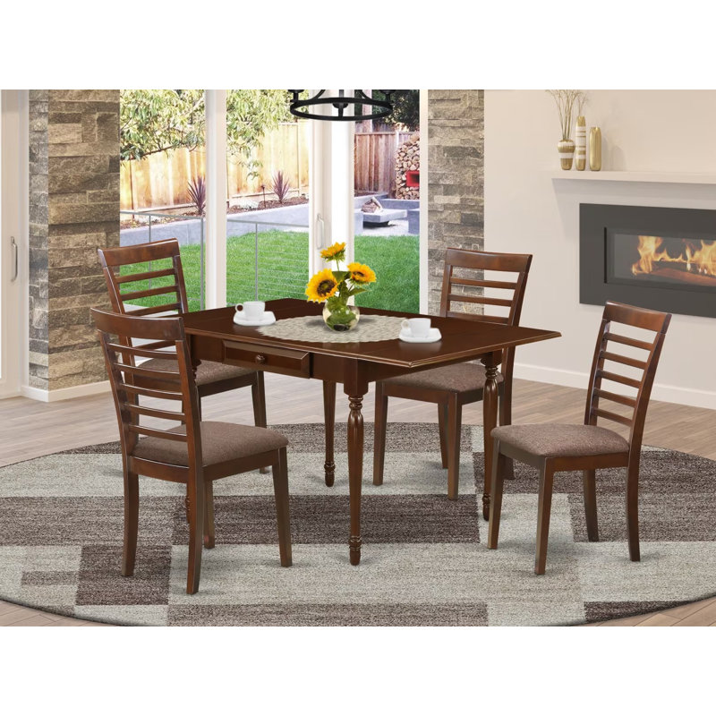 5 Piece Dinette Set for 4 Includes a Rectangle Dining Table with Dropleaf and 4 Linen Fabric Upholstered Dining Chairs, Mahogany
