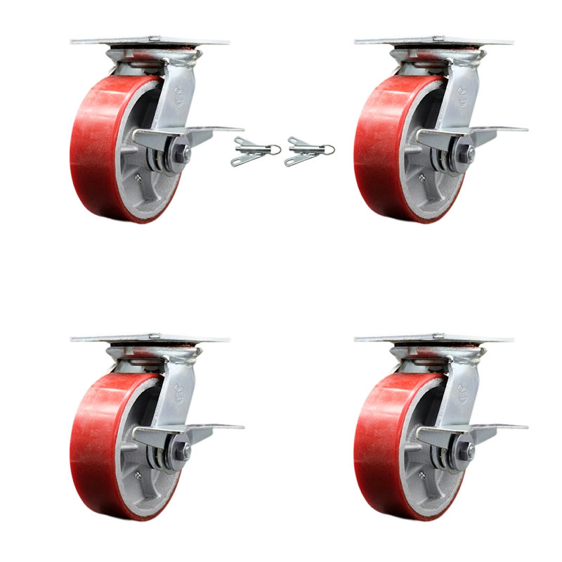 6 Inch Poly on Cast Iron Caster Set with Roller Bearing 4 Brake 2 Swivel Lock
