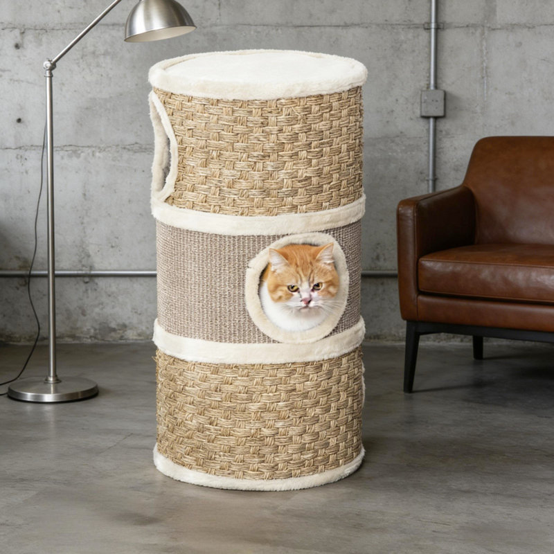 Tour pour chat d'intérieur avec trou au milieu ouvert, grattage doux, panneau de particules pour animaux de compagnie, porte de 6 po, capacité de 9 lb et trois zones, doublure, coussins, fabrication de panneau de particules, couleur brun kaki,