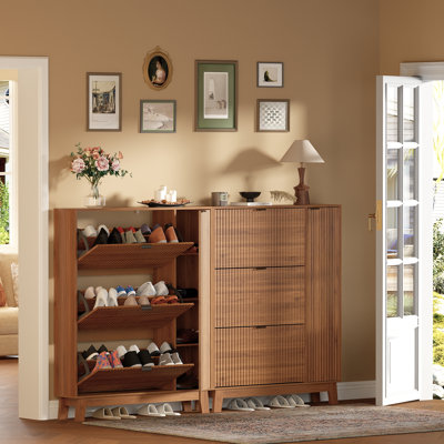 Armoire à chaussures cannelée avec 3 tiroirs rabattables et armoire latérale, rangement autoportant étroit pour porte d'entrée avant (ensemble de 2