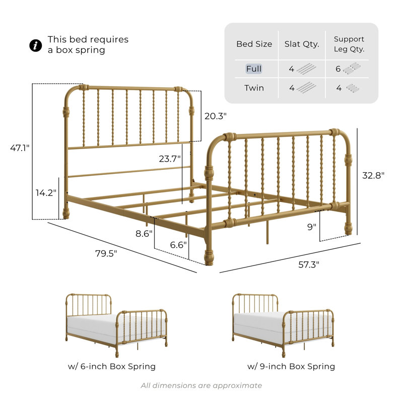 Wren Metal Spindle Panel Bed, Full, Gold