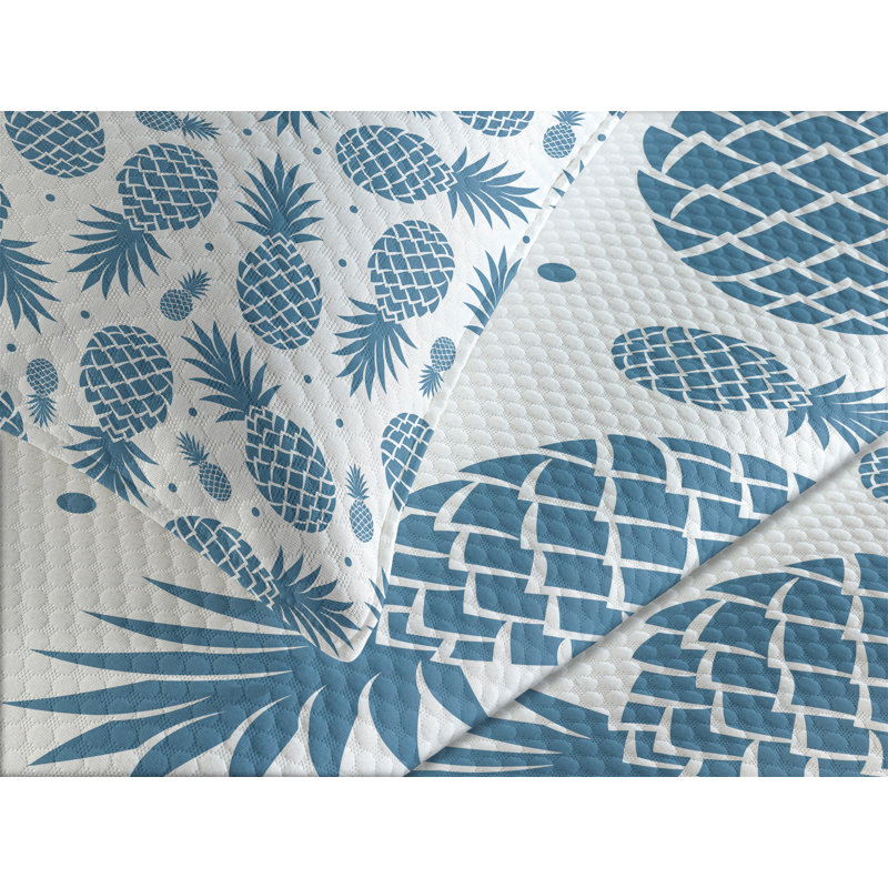 Ambesonne Blue Bedspread Set Tropical Fruit Pineapple Blue White, King Coverlet / Bedspread + 2 Standard Shams