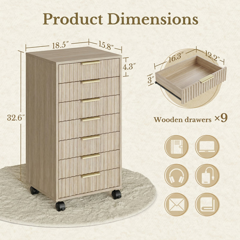 Classeur à 7 tiroirs en bois avec façades de tiroir cannelées, armoire de bureau verticale, Light Walnut