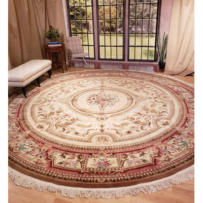 Signature Hand-Knotted Beige And Rose Aubusson Design Rug