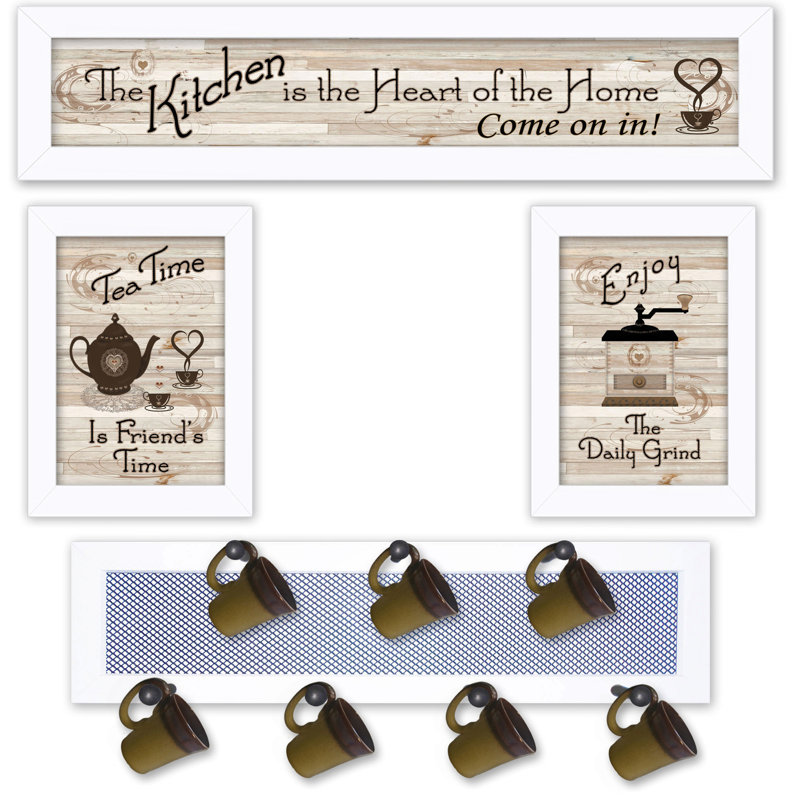 "Kitchen Collection IV" 4-Piece Vignette with 7-Peg Mug Rack by Millwork Engineering, White Frame