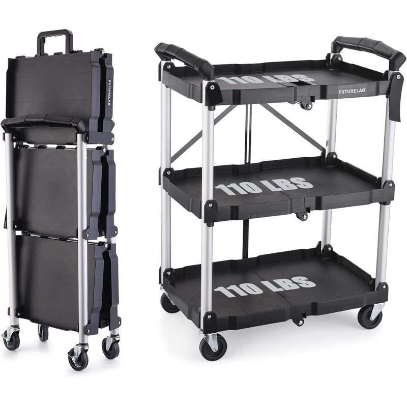 Chariot de service portatif et pliable - capacité à 3 niveaux de 330 lb - Chariot pliable avec roulettes