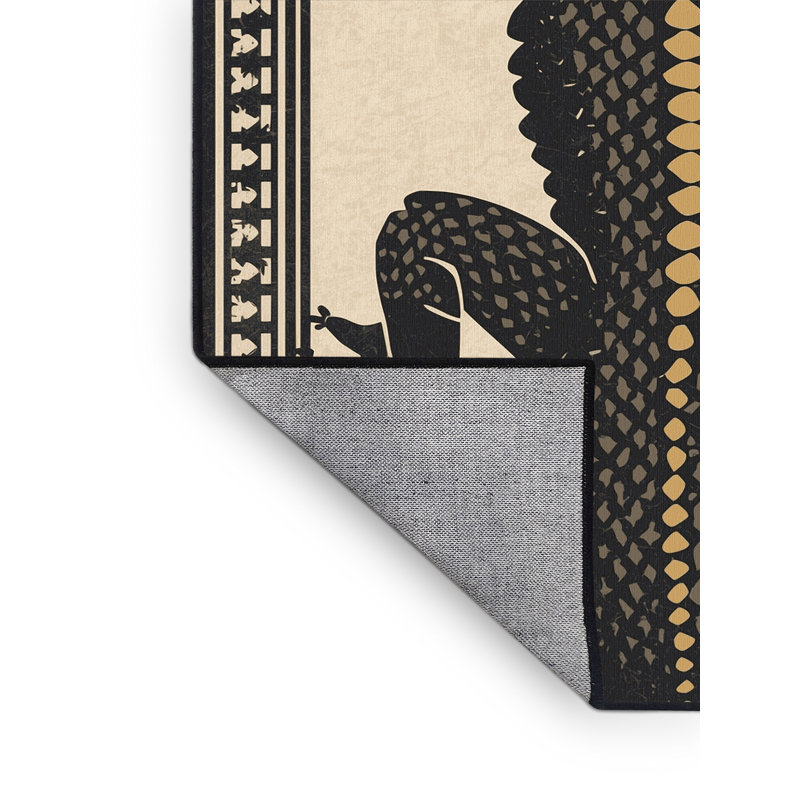 Machine Washable Ozgur Komodo Dragon Global Inspired Block Print Rug in Beige – Black Binding, 5 x 8