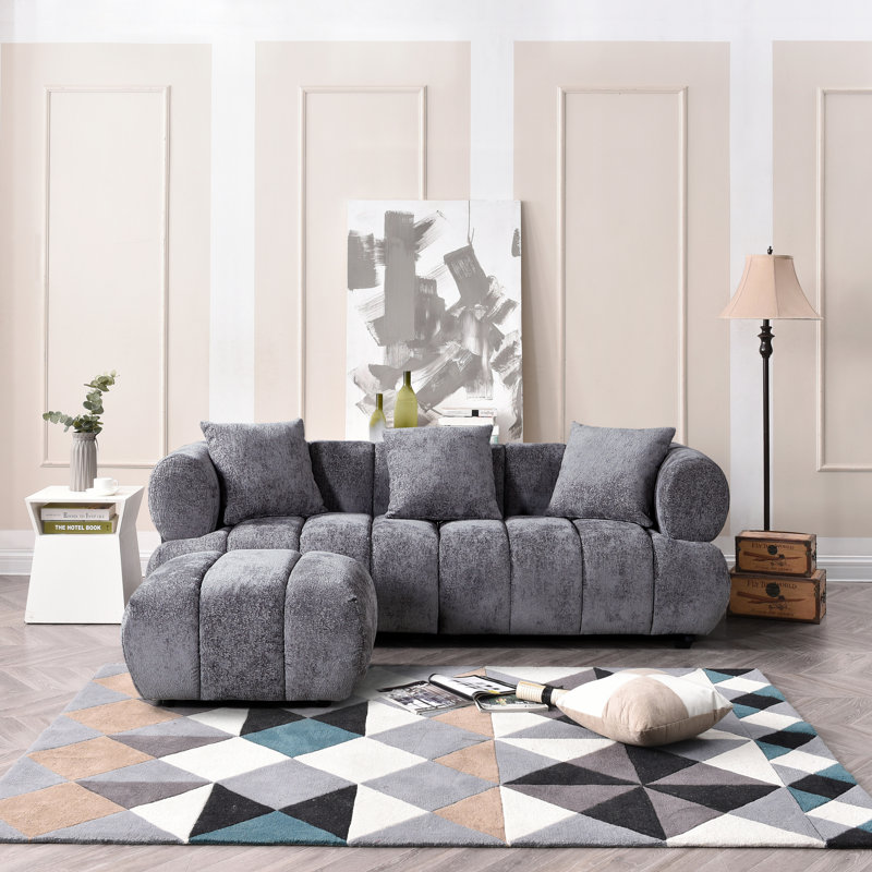 86.61'' W Upholstered Sofa with Ottoman, Gray Cotton