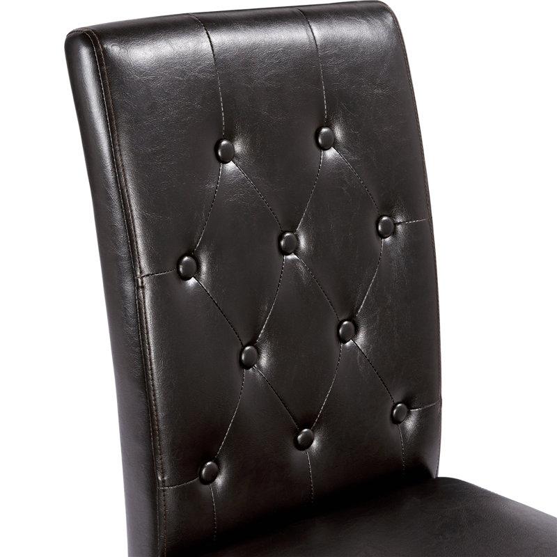 Button Tufted Padded Faux Leather Dining Chair with Solid Wood Legs, Dark Brown