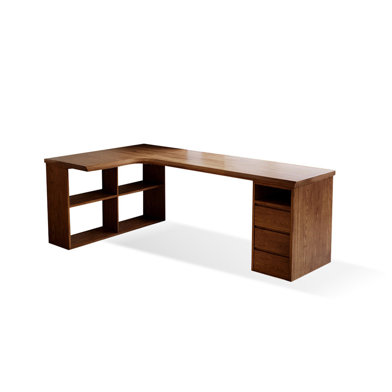 Bureau en bois massif en forme de L brun noyer avec 3 tiroirs, Retour à gauche, H 29,53 po x l 70,87 po x P 47,24 po