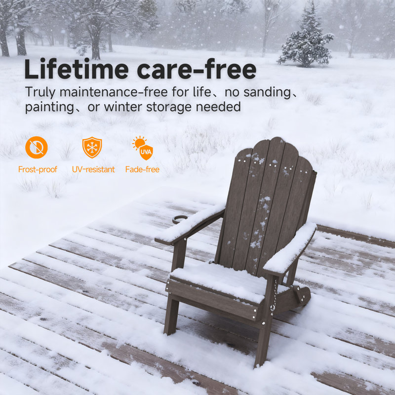  Ergonomic Folding Adirondack Chair with Cup Holder, All-Weather Patio Adirondack Chair for Outdoor, Easy Assembly, Brown