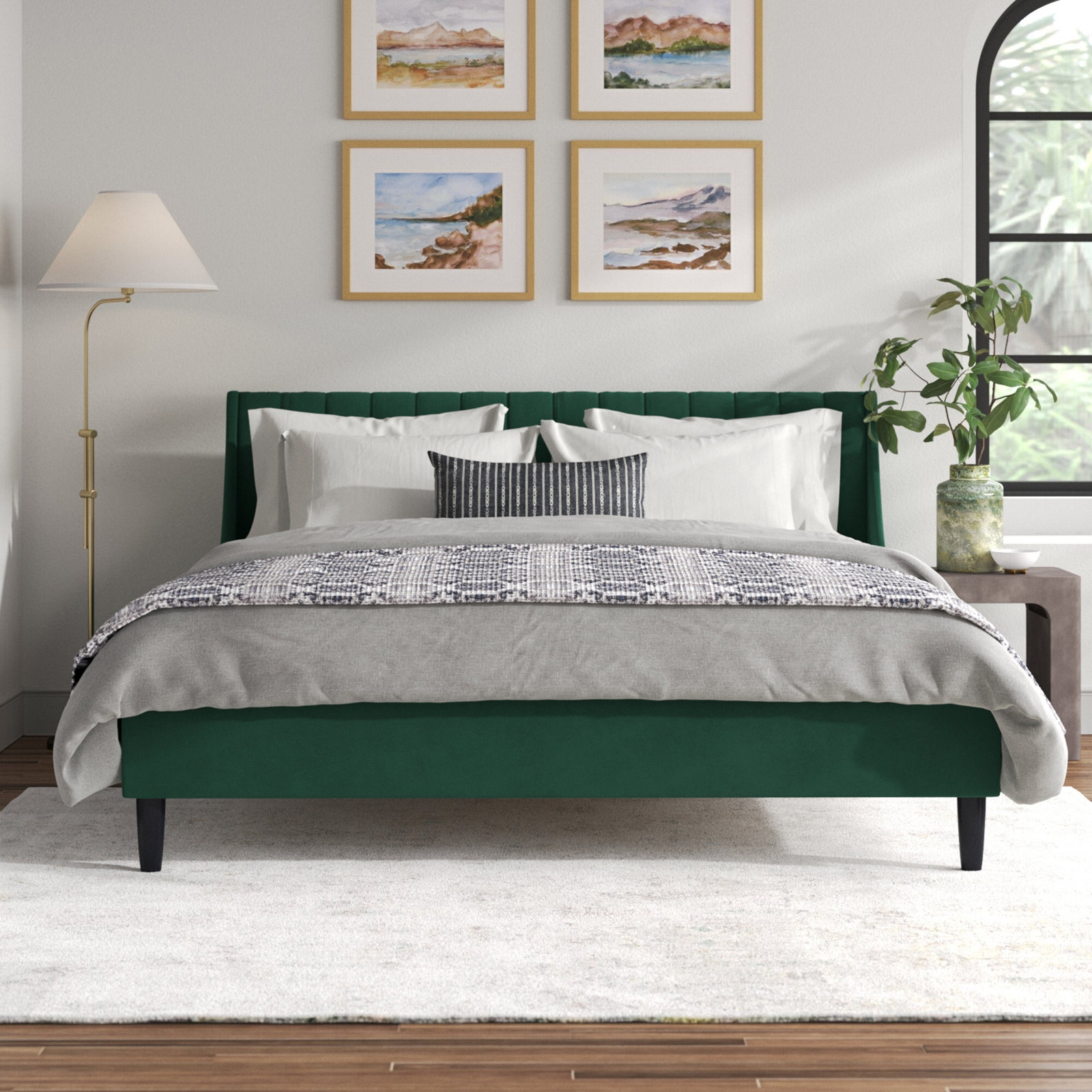 Helaina Upholstered Wingback Bed, Evergreen Velvet, King