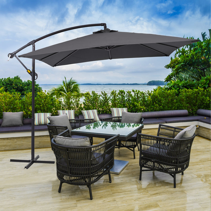 Parasol de patio décalé en porte-à-faux de 8,2 pi avec support à manivelle Swind Swind pour terrasse, Gris anthracite