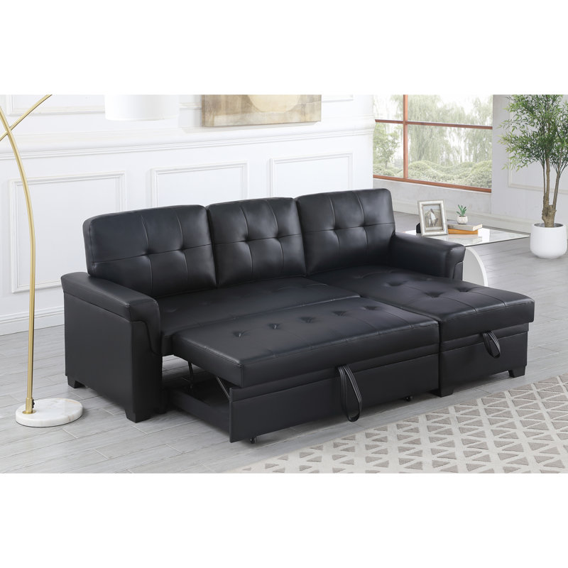 84"W Vegan Leather Modern Reversible Sleeper Sectional Sofa With Storage Chaise