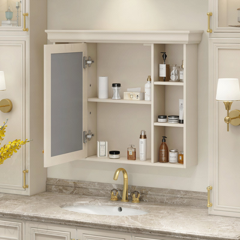 Modern Bathroom Medicine Cabinet with Marble Mirror Door, Cream Finish