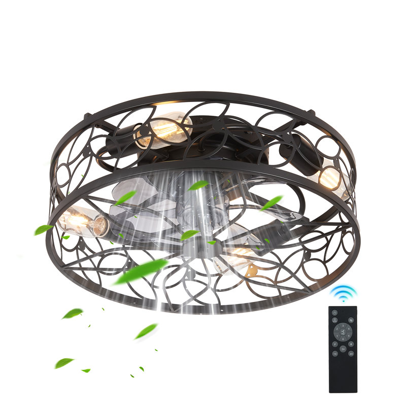 8-Inch Vintage Caged Ceiling Fan Light, Beige Wood