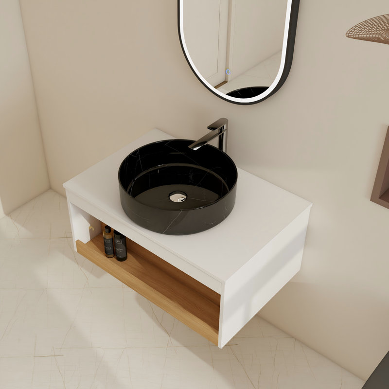 Ensemble de meuble-lavabo simple mural 30 po avec lavabo en céramique, 30", Glossy Black