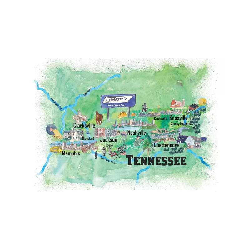 Tennessee Illustrated Travel 1 Piece Wrapped Canvas Wall Art, 101.6 cm H x 66.04 cm W x 1.91 cm D