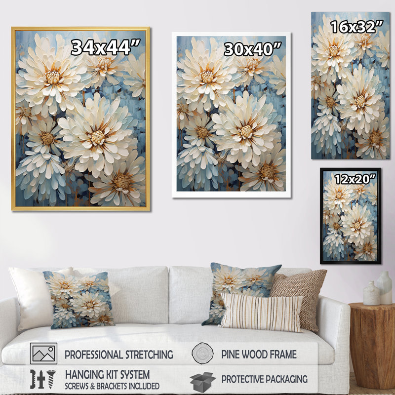 «Chrysanthemums White Blue Mosaic Garden V», reproduction sur toile, Cadre flottant noir, H 32 po x l 24 po x P 1 po
